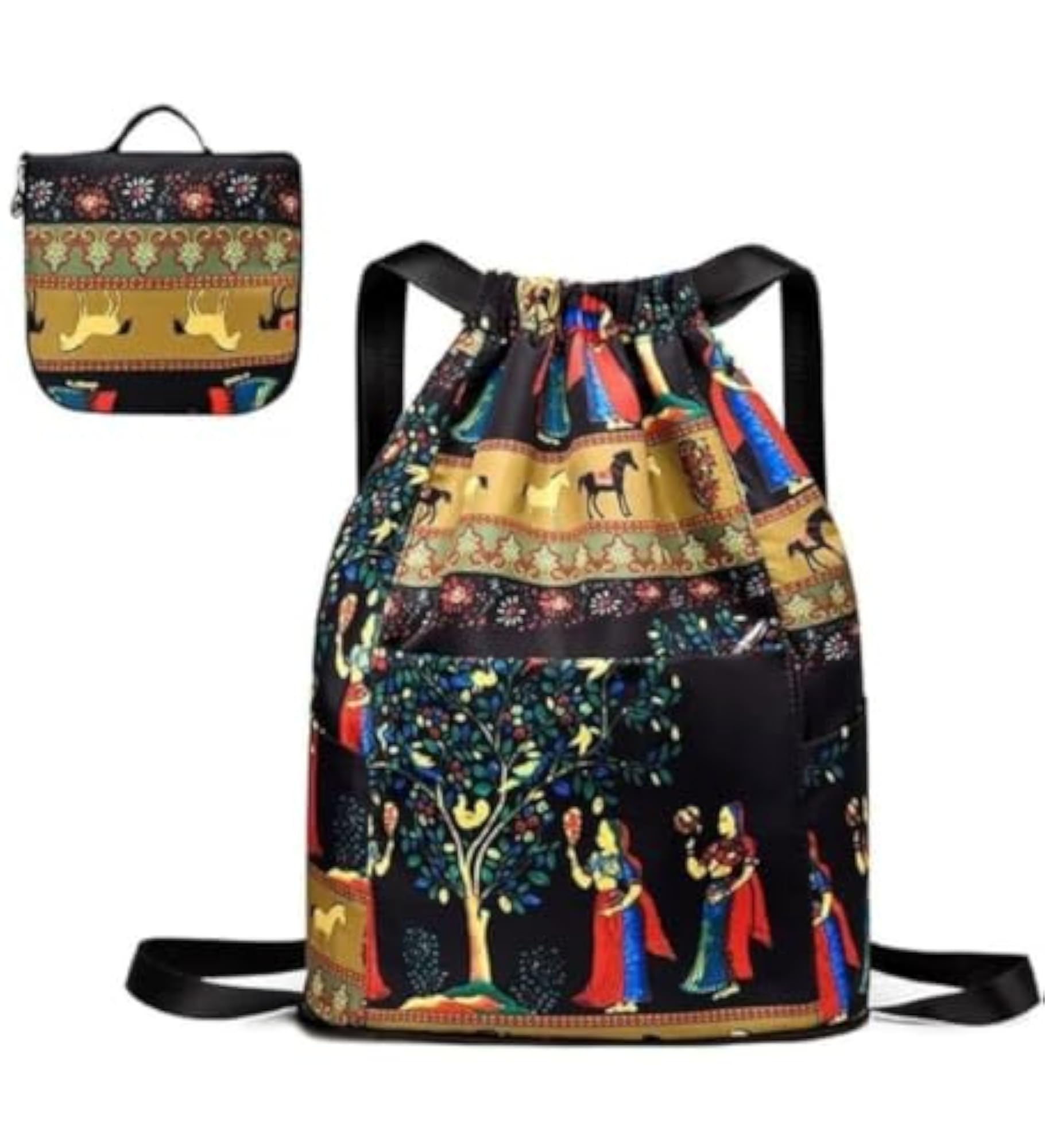 Printed Drawstring Backpack with Pouch