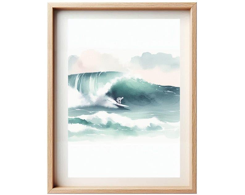 Affiche Aquarelle Surfeur sur Vague | Poster Déco Murale Surf Sportif | Style Bord de Mer