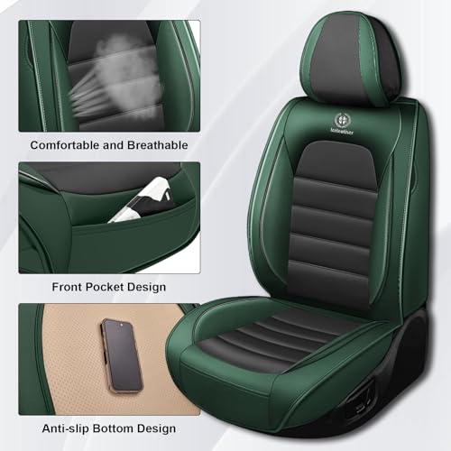 Image of Car Seat Covers for Chevy Chevrolet Trax 2024-2025, Nappa Leather Front Seat Cover Full Coverage Seat Protectors Waterproof Cushion (Black Green,2 Seats Standard)