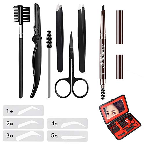 Eyebrow Kit MIBLUE Eyebrow Pencil Razor Set Brush Eyebrow Tweezers Eyebrow Comb Eyebrow Scissors Eyelash Tools for Men and Women (Black Pencil)