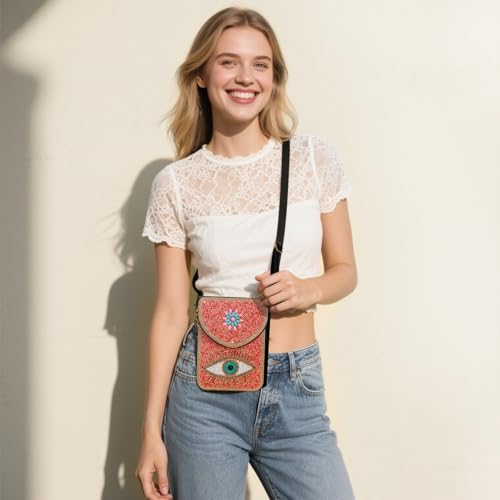 Image of Small Beaded Crossbody Bag for Women, Boho Cell Phone Shoulder Purse Wallet with Handcrafted Colorful Beads