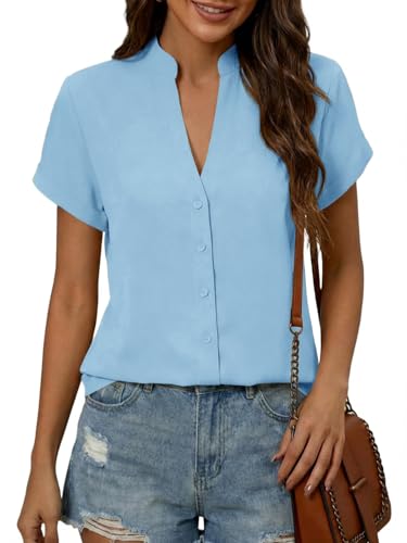 Cicy Bell Camiseta de manga corta para mujer, cuello en V, con botones, monocolor, verano, informal, tops, azul claro, XL