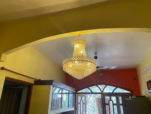 Image of Crystal Chandelier Jhoomar | 40x40x77 CM | Gold Finish Glass Ceiling Light | LED Compatible Jhumar for Living Room Bedroom Hall