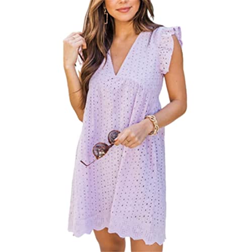 AELSON Women's Sexy Summer V Neck Dress with Short Loose Ruffle Sleeve California Romper Dress Small Purple