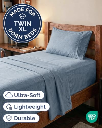 Image of Extra Deep Twin XL Sheet Set - 4 Piece Cooling Bed Sheets - Heathered Blue | Hotel Luxury Bed Sheets Set, Easy & Secure Fit, Ultra-Soft, Wrinkle & Fade Free, Comfy Sheets Set with Extra Deep Pockets