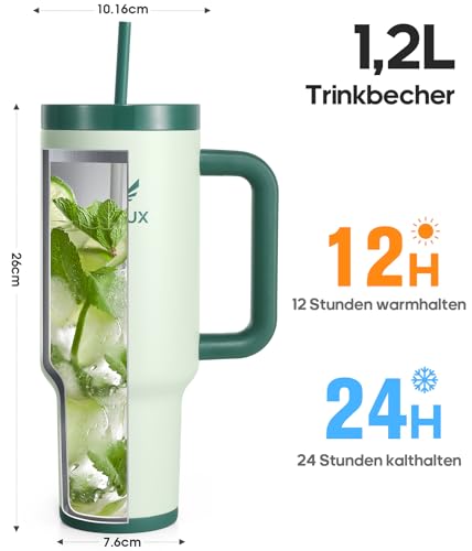 Image of Drinking Bottle with Straw, 1.2 L, Thermal Mug, Cools for 11 Hours, 48 Hours Ice-Cooled, Dishwasher Safe, Thermos Flask, BPA-Free, Coffee Mug To Go