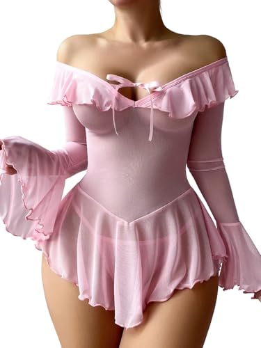 Neohouny Plus Size Lingerie for Women Cute Festival Rave Outfits Mini Lace Babydoll Dress Sheer Lingerie Sets Tops Pink XXL