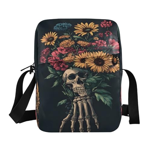 Crossbody Bag Gothic Skull Skeleton Hand Daisy Messenger Bag for Women Men Purse Shoulder Bag Satchel Bag with Adjustable Strap 214B9394