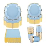 PHUNAT Vintage Partyservice für 30 Gäste - Papierteller, Servietten & Becher in Blau mit Goldfolie - Klassisches europäisches Design für Gartenpartys, Afternoon Tea, Geburtstage und Hochzeiten