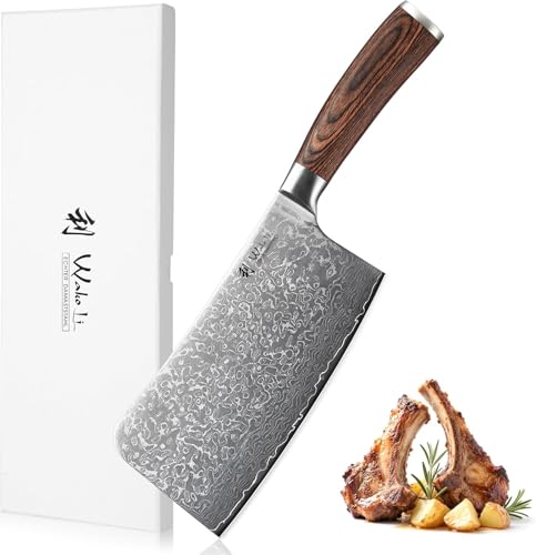 Wakoli EDIB Sakura Knochenhackmesser 18 cm Damast Hackbeil aus 67 Lagen & VG10 Kern, 60–62 HRC Scharfes Küchenbeil aus Damaststahl Pakkaholzgriff I Fleisch, Knochen & feste Lebensmittel Geschenkbox