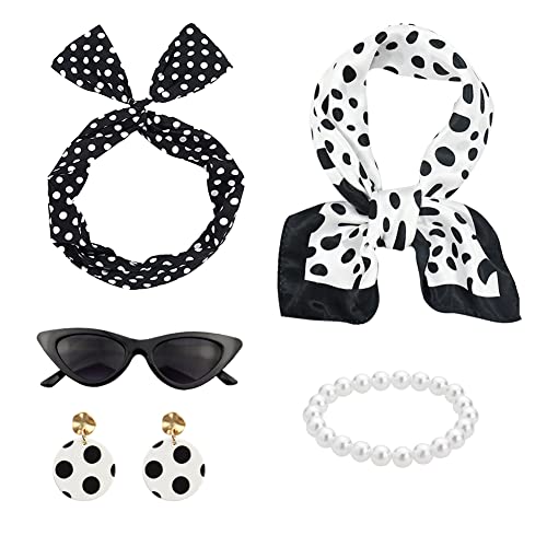 Accesorios para mujer de los años 50, accesorios rockabilly, negro con bufanda de gasa, gafas de ojo de gatos, polka puntos, bandana, corbata, diadema, pendientes para los años 60, ropa de 1950s