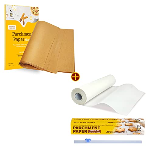 Katbite 205 SQ FT Heavy Duty 15inch Parchment Paper Roll & 200Pcs 12x16 In Unbleached Parchment Paper for Baking