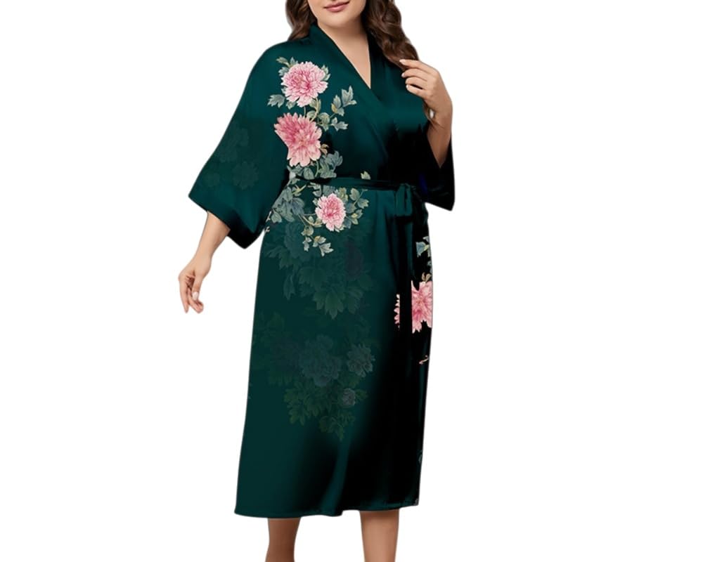 Genérico Bata de Satén de Lujo para Mujer - Albornoces Kimono con Estampado Floral Rosa,Camisón de Novia y Dama de Honor con Cuello en V,Suave y Largo.