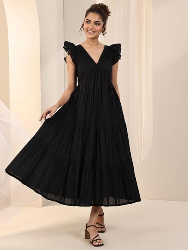 Image of Libas Solid Cotton Fit and Flare Dress for Women