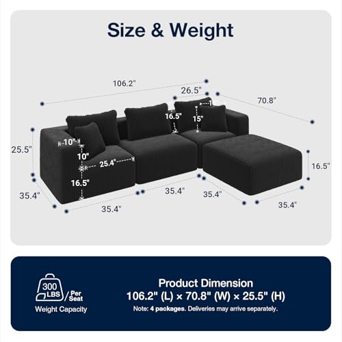 Image of Avenco 106-inch L-Shaped Modular Sectional Sofa Couch with Ottoman