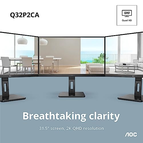 Image of AOC Q32P2CA 32 inch IPS Monitor, QHD 2560x1440, USB-C (Power Delivery 65 Watts) Docking, Height Adjustable Stand, Black