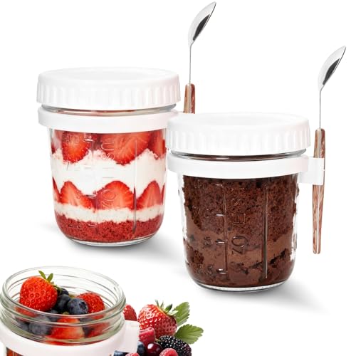 SKY-TOUCH 2 Pack Overnight Oats Jars Overnight Oats Container with Lid and Spoon 10 oz Cereal Milk Vegetable and Fruit Salad Storage Container with Measurement Marks (WHITE)