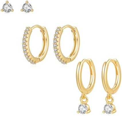 Gold Earrings for Women, 16K Gold Plated Cubic Zirconia Crystal Cartilage Stud Hoop Earrings Set, Dainty Huggie Earrings Stacks, Hypoallergenic Jewelry Gifts