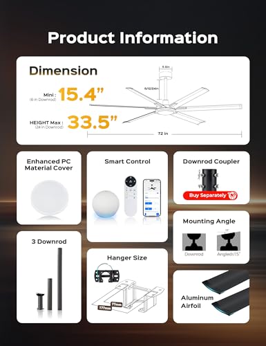 72 Inch Outdoor Ultra-Thin Ceiling Fan with Light,6 Black Aluminum Blades - image 9