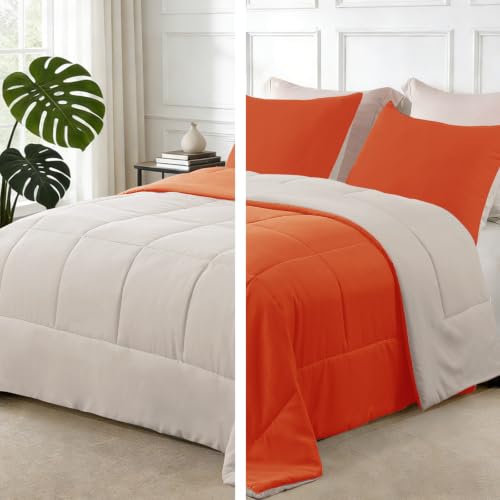 Image of Exclusivo Mezcla Lightweight Summer Reversible King Size Comforter Set, Down Alternative Comforter with 2 Pillow Sham, King Size Bedding Set for All Seasons, Burnt Orange /Brich Beige