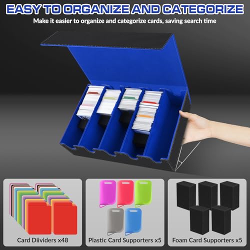 Image of AOBOPLE Trading Card Storage Box,3500+ Card Box Storage with 48 Dividers and 10 Card Supporters PU Leather Magnetic Cards Deck Case for MTG,TCG,Magic and Sport Cards (Black Blue)