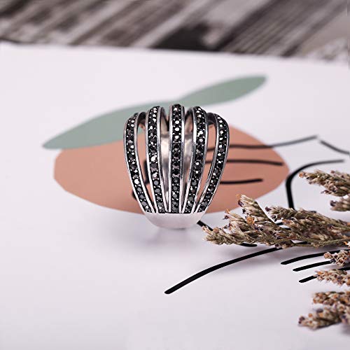 Image of Mytys Vintage Wide Ring Classic Black Marcasite Crystal Rows Statement Silver Chunky Rings
