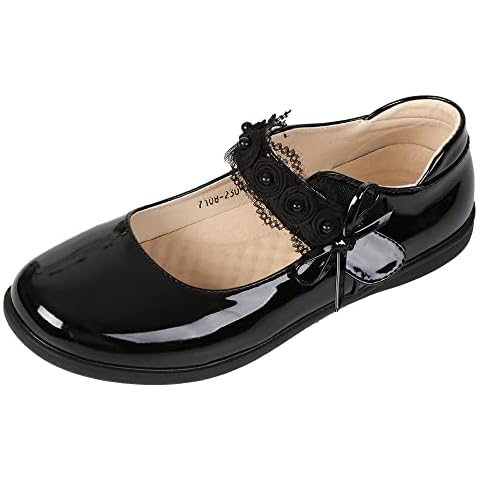 Girls Mary Jane Flat Shoes Ballerinas Shoes Girls Lace Bow Low Shoes Princess School Shoes for Party, 7108 black, 10 UK Child Cover