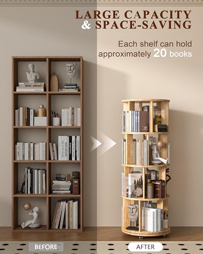 Image of IUNVR 4 Tier Rotating Bookshelf Tower Spinning Bookshelf with Swivel Wheels Book Shelf Rotating Storage Tower for Kids Adult Narrow Solid Wood Revolving Bookcase Organizer for Bedroom Living Room