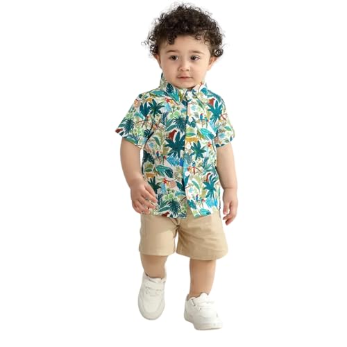 Image of Niren Enterprise Boy's Casual Cotton Regular Fit Leaf Printed Half Sleeve Button Down Shirt with Spread Collar Standard Length Summer Wear