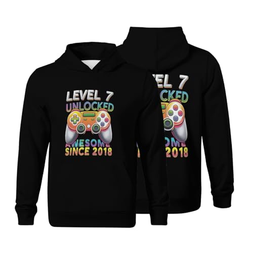 Kids Level 7 Unlocked Awesome Since 2018 7th Birthday Gaming Boys Girls Lightweight Kangaroo Pocket Fleece Hoodies
