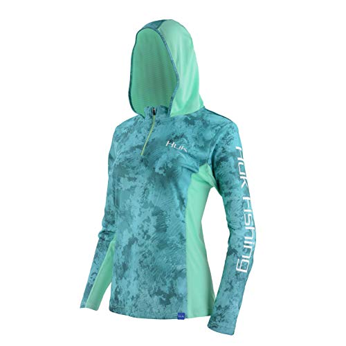 Huk Womens Subphantis Icon X Camo Hoodie | Long-Sleeve Performance Shirt with UPF 30+ Sun Protection & Moisture Transport, Shallows, X-Small