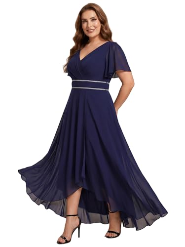 Image of Ever-Pretty Plus Women's Chiffon V-Neck Beading Ruffles Sleeves Maxi High Low Plus Size Formal Dresses