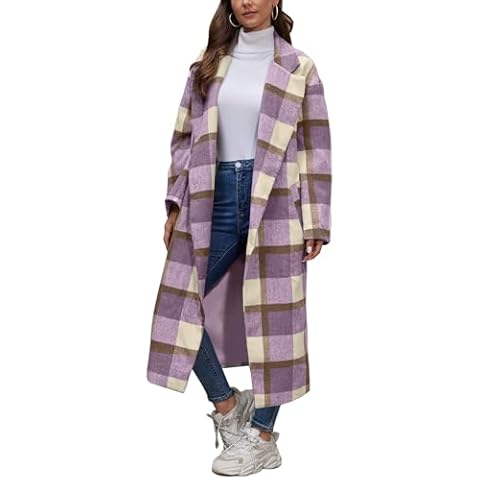Bnycuml Women's Plaid Wool Coat Shacket Jacket Casual Long Sleeve Laple Button Down Flannel Trench Coats(Light Purple,Medium) Cover