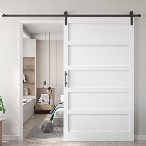 Image of Fredbeck 54x84 inch White Barn Door with 9FT Sliding Door Hardware Kit Included & Handle,MDF,Solid PVC Surface,DIY Assembly,5-Panel