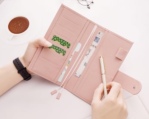 Image of Genuine Leather Planner Cover for Hobonichi Weeks /Weeks Mega with Pen Loop, Card Slots, Back Pocket, and Bookmarks (Pink)