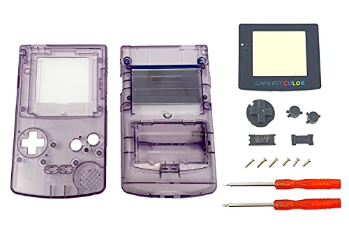 THE TECH DOCTOR Gameboy Color Coque complète de remplacement pour boîtier de protection, lentille d'écran et boutons – Kit de réparation professionnel avec outils (violet transparent)