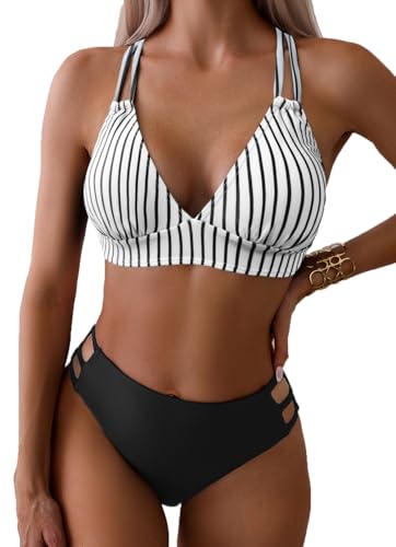 Fanuerg Women's V Neck Bikini Sets Hollow Out Push Up Swimsuit Criss Cross Back Two Piece Bathing...