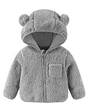 JiAmy Babyfleecejack voor kinderen met berenoren, warme teddyjas voor meisjes en jongens, pluche babyjas met vouwwanten en ritssluiting, voor herfst en winter, 6 maanden - 5 jaar, grijs, 6-9 Maanden