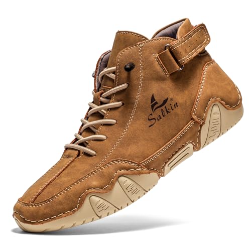 Men's Chukka Boots Non Slip Ankle Boots Leather Casual Boots for Men Slip on Lightweight Loafers Walking Driving Shoes Gold