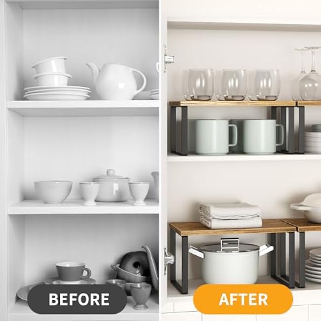 Kitchen Cabinet Organizer Shelf Set of 4, Sturdy Kitchen Counter Shelves with Metal Legs, Stackable Expandable Wood Spice Rack Pantry Cupboard Dish Mug Cup Storage Organizer Shelf, Rustic Brown