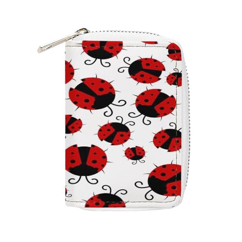 Women Leather Coin wallet, Key Change Organizer Zipper Card Holder Purse Clutch Pouch Pocket 4.5x3.15 in Print Seamless Red Ladybugs Texture on White