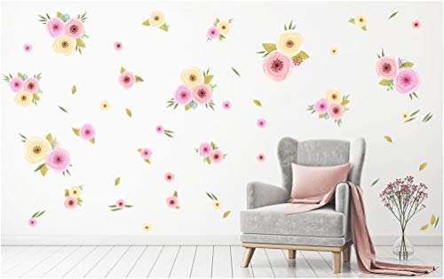 PapaKit Large Hand Painted Spring Flowers Wall Decal Mural (Watercolor Floral Design 72 Pcs) Baby Girl Nursery Child Kid Teen Room Home Decor | Creative Art Pattern | Wedding Bridal Shower Party Event