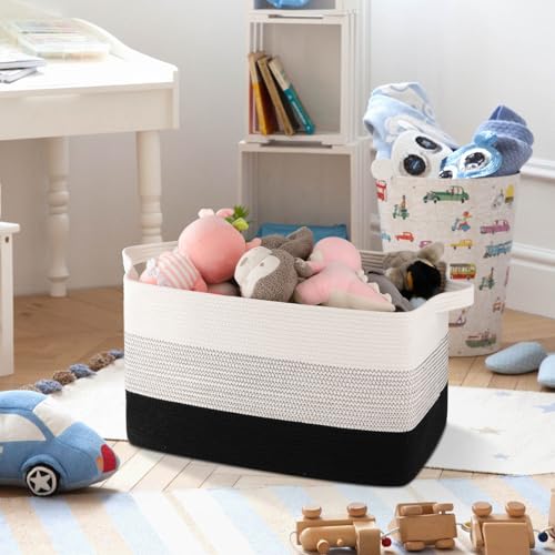 Image of OIAHOMY Large Blanket Basket, 65L Cotton Rope Woven Laundry Basket, Toy Bin for Baby Room, Container for Blanket Storage in Living Room, 20''x16''x12'', Gradient Black