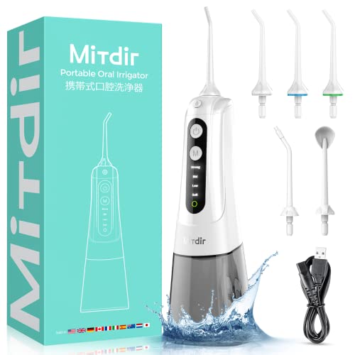 MiTdir Irrigador Bucal a Batería 5 Jet Tips 4 Modos IPX7 Impermeable 300ML Desmontable Gran Tanque de Agua Portátil Inalámbrico Recargable Limpiador de Dientes para Hogar y Viajes (Blanco)