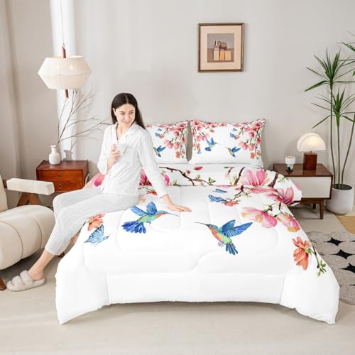 Image of Feelyou Hummingbird Floral Botanical Comforter Set King Size Kids Boys | Nature Butterfly Beautiful Colorful Breathable Duvet Set Quilt Set Room Decor Warm Cozy Lightweight All Season