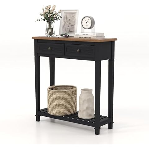 JSUN7 Entryway Table with Storage - Narrow Console Table with 2 Drawers and Shelf, Farmhouse Sofa Table, Wooden Console Tables for Entryway, Living Room, Hallway, Black Cover