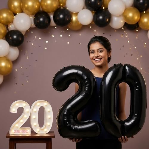 Image of Balloonistics Black 40-Inch Foil Number 20 Balloon with Matching LED Marquee Light - Combo Set for 20th Birthday, Anniversary, Party Decoration, Photo Booth Backdrop, Cake Table Decor