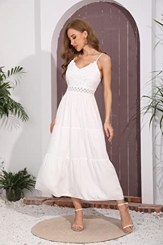 Image of Dokuritu Women's Beach Crochet Lace Maxi Dress Solid Color Summer Vacation Wedding Guest Spaghetti Strap Long Dress