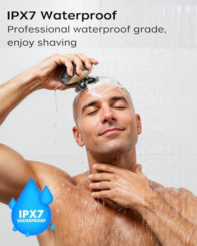 Image of Electric Razor for Men, Head & Body Hair Shaver for Men, Cordless Rechargeable Wet /Dry Bald Head & Groin Waterproof Razor with Rotary Blades,Clippers, Beard Trimmer,Nose Trimmer, Brush (Golden)