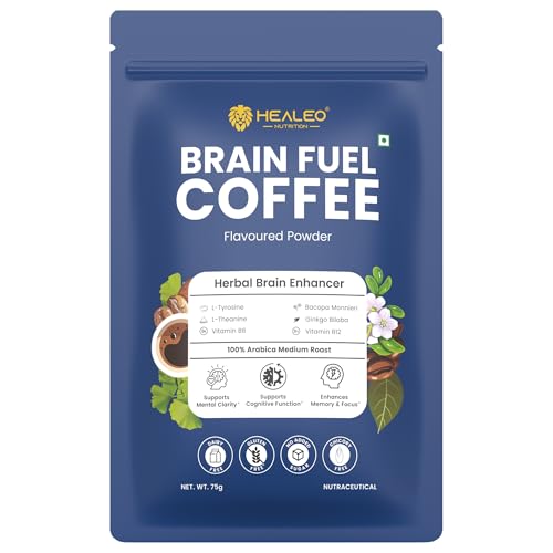 Image of Healeo Brain Fuel Coffee 75g - Herbal Brain Enhancer with L-Tyrosine, L-Theanine, Bacopa, Ginkgo Biloba, B6 & B12 - Enhances Memory, Focus, Clarity - 100% Arabica Medium Roast - No Jitters